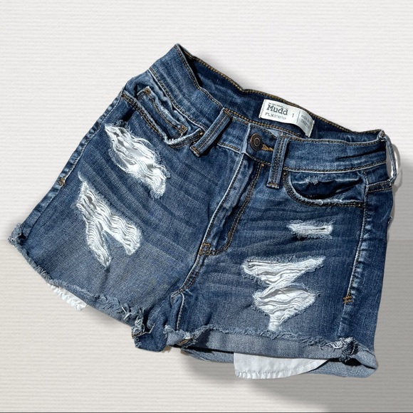 🟢5/$25 MUDD Distressed Denim Jeans Shorts High Rise Shortie FlexStretch Sz 1 - Picture 8 of 16
